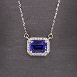 Aishee 14K White Gold AAA Tanzanite and Diamond Halo Pendant Necklace | EM 7x5mm | Attached Chain
