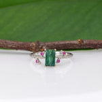 14K white gold indicolite tourmaline ring with pink sapphire accents