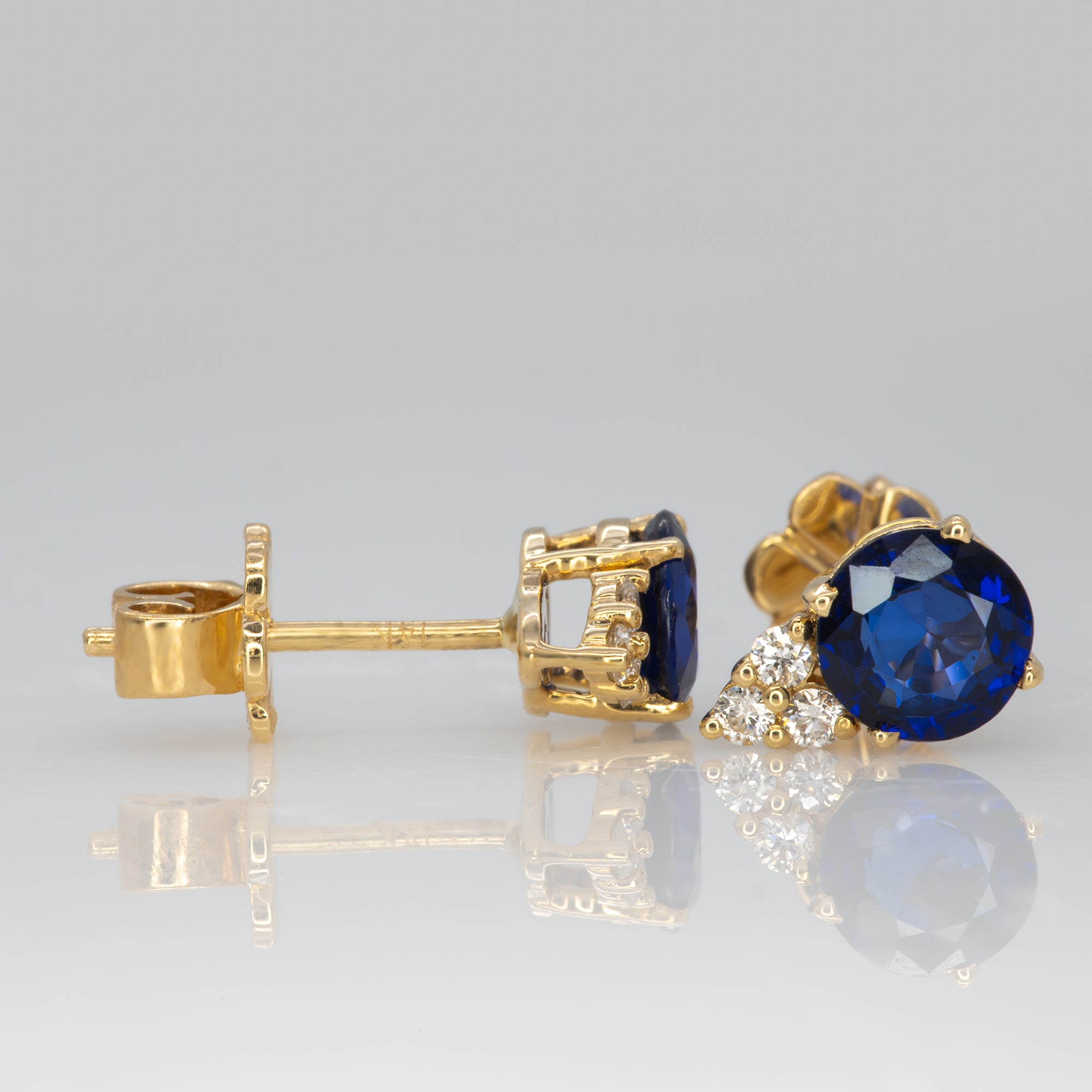 14K yellow gold Ceylon blue sapphire stud earrings with diamonds