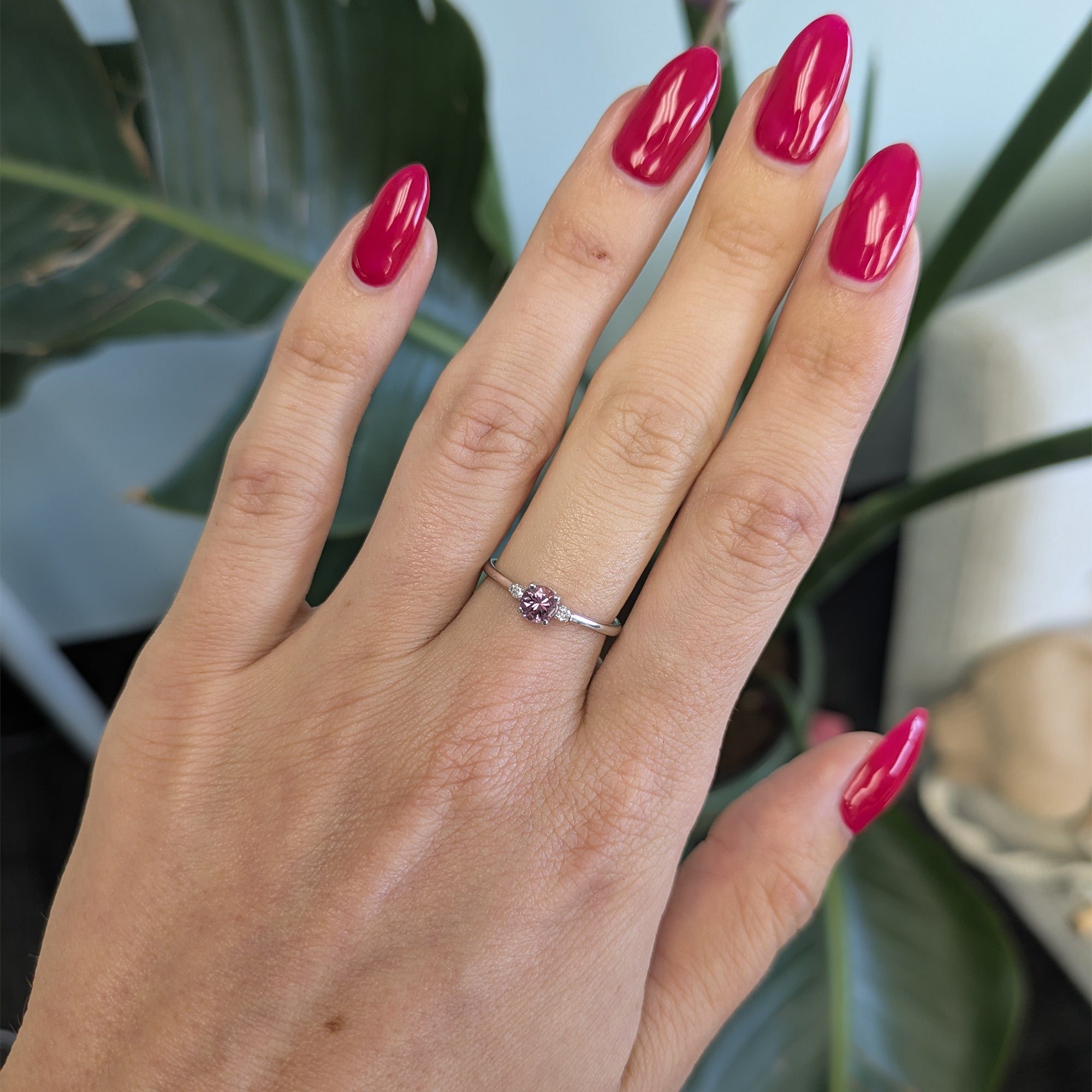 14K white gold minimal purple spinel ring with diamond accents