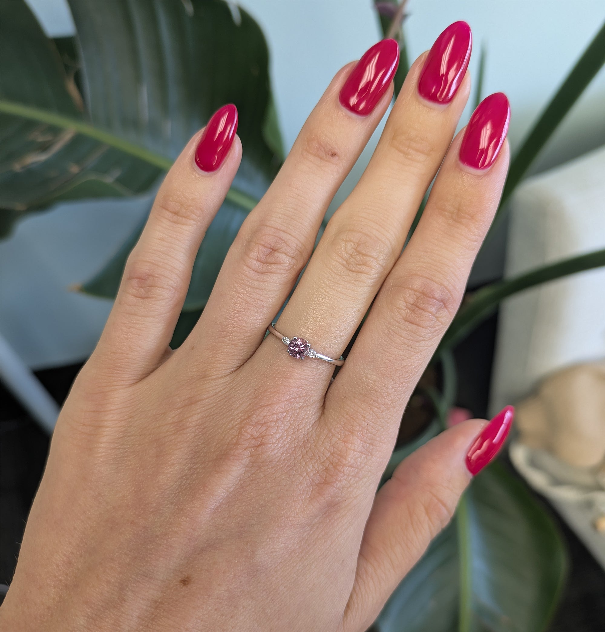 14K white gold minimal purple spinel ring with diamond accents