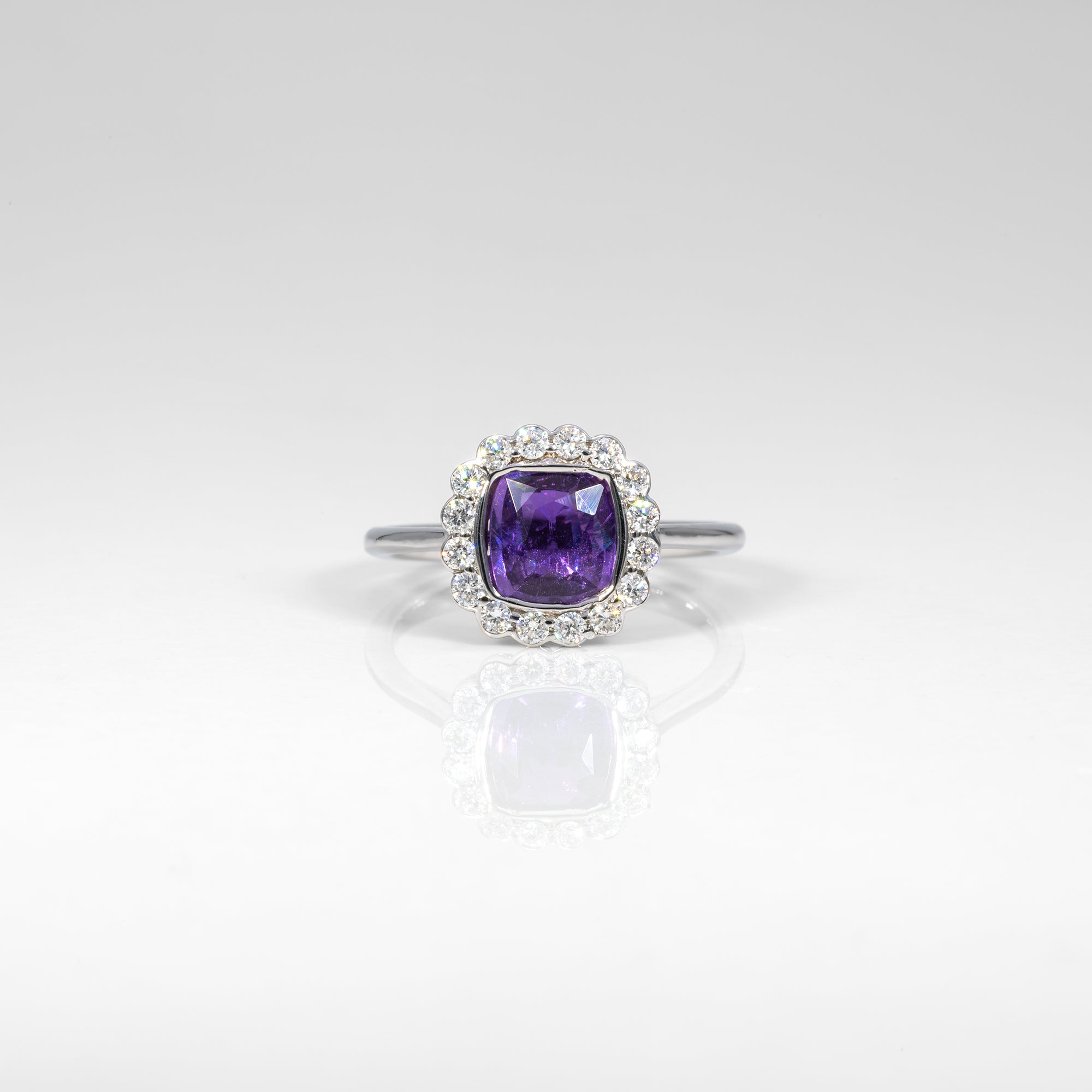 14K white gold GIA purple sapphire ring with diamonds
