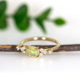 East West Opal Ring w Earth Mined Diamonds in Solid 14k Yellow Gold | Oval 8x6mm | October Birthstone