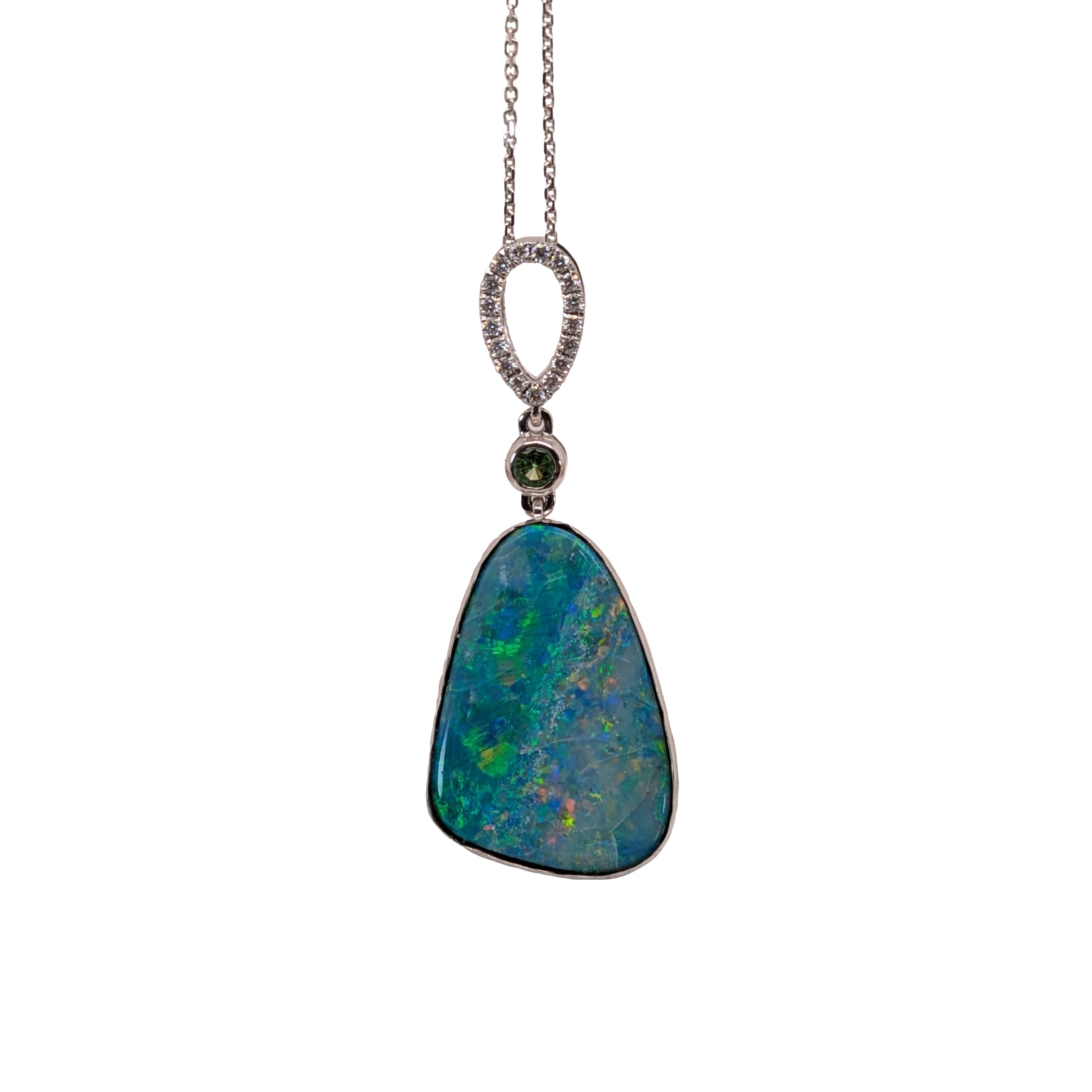 Trishu 14K White Gold 11.31cts Boulder Opal Diamond Pendant | Fancy Shape 22.5x15.5mm