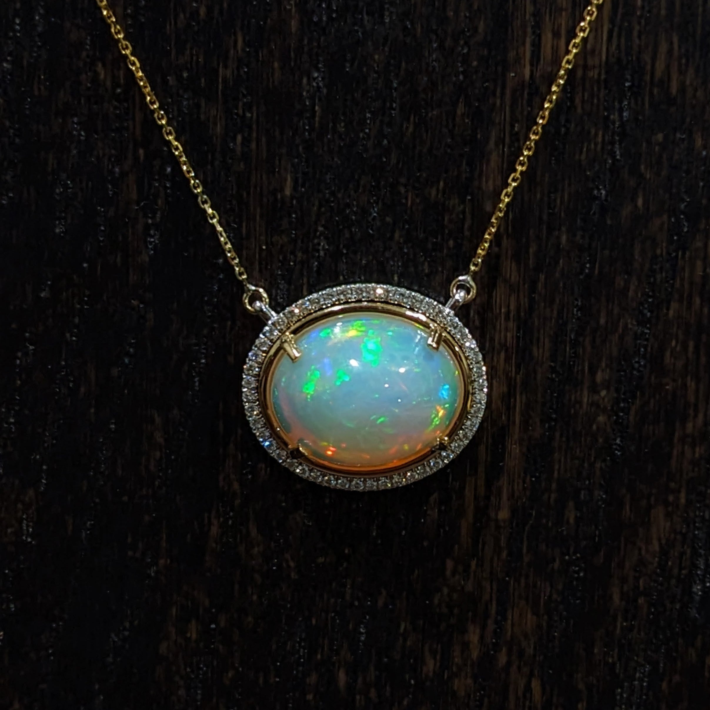 6.6ct Opal Pendant Necklace w Earth Mined Diamonds in Solid 14K Yellow Gold