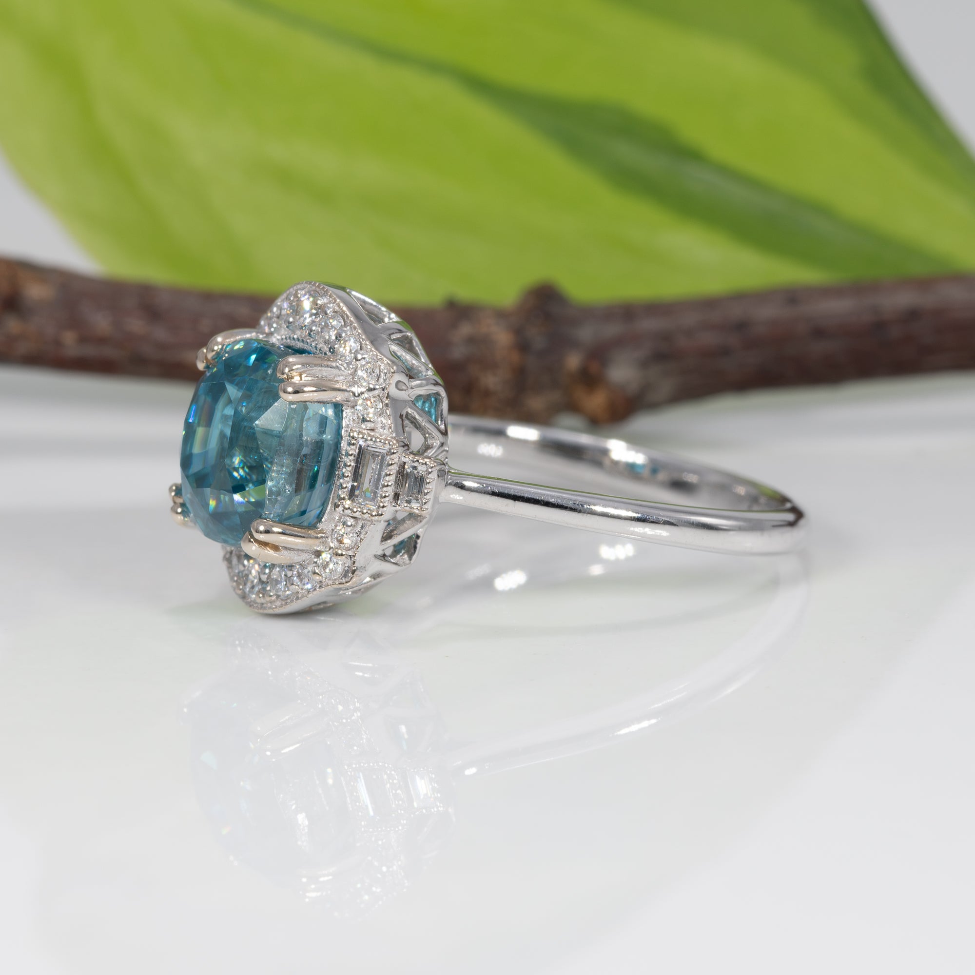14K white gold cambodian blue zircon ring