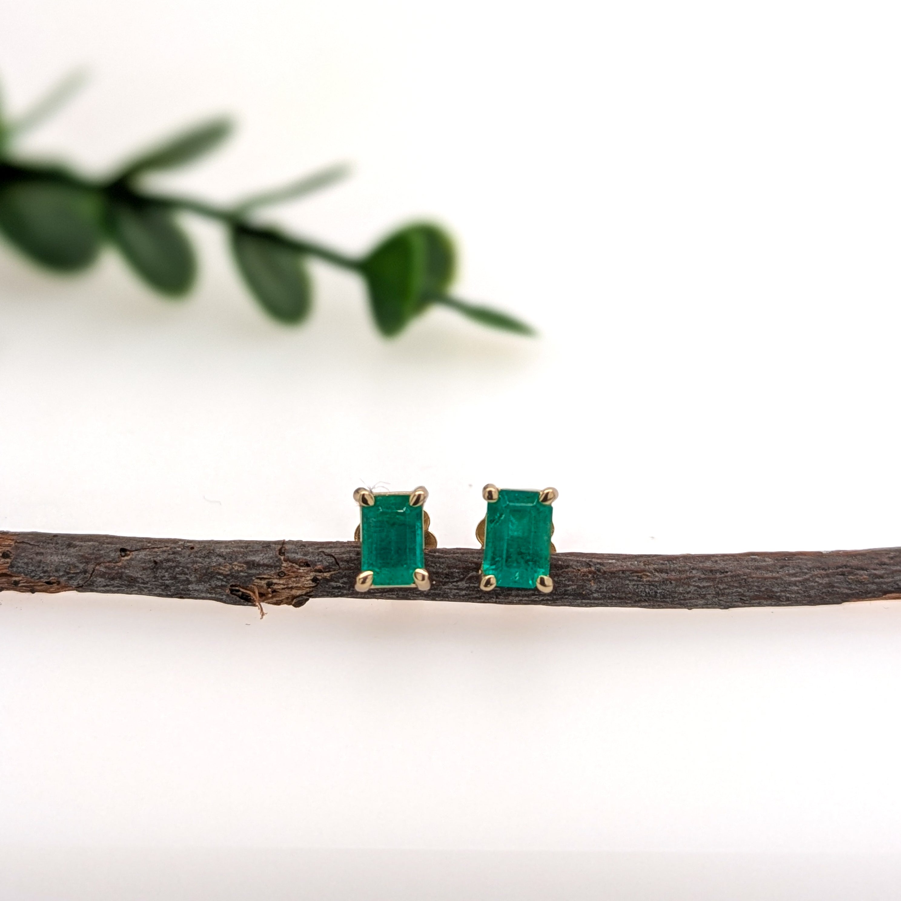 Anvita 14K Yellow Gold 1.02cts Zambian Emerald Solitaire Stud Earrings | Emerald Cut 6x4mm