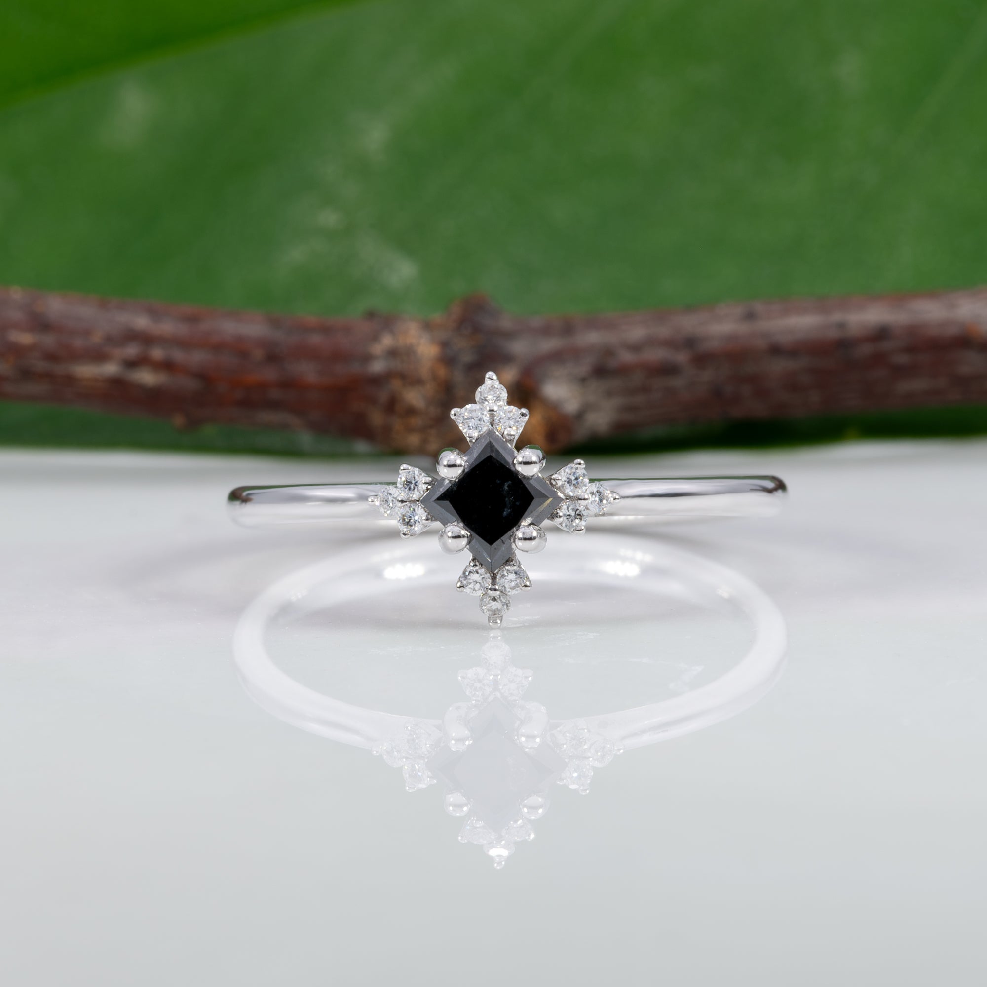 14K white gold black diamond ring with diamond accents
