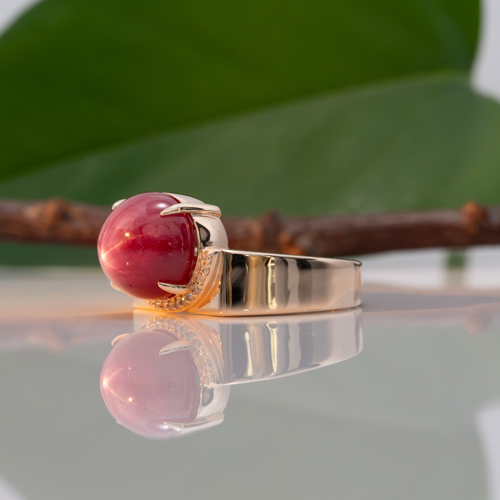 14K yellow gold star ruby ring with diamond accents