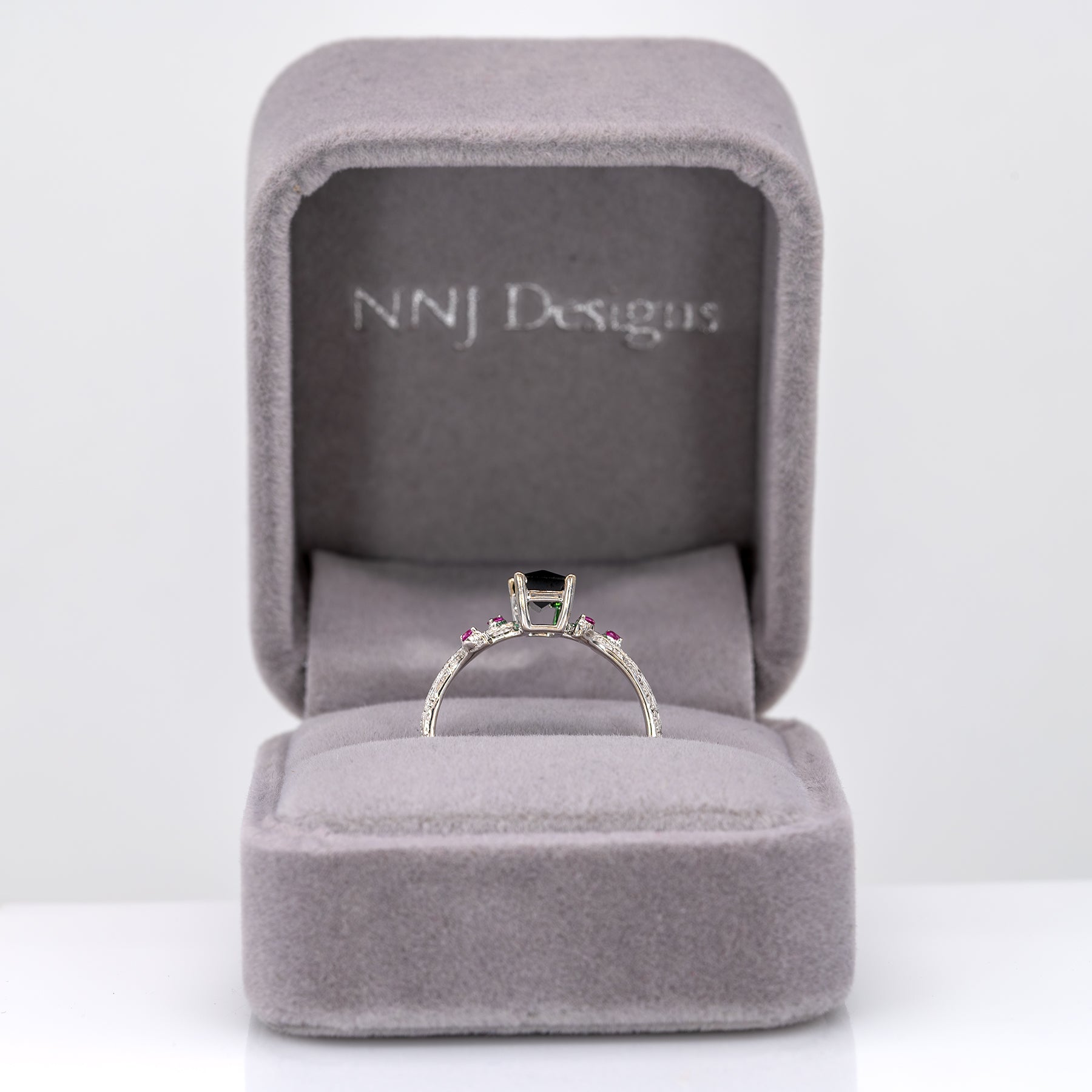 14K white gold indicolite tourmaline ring with pink sapphire accents