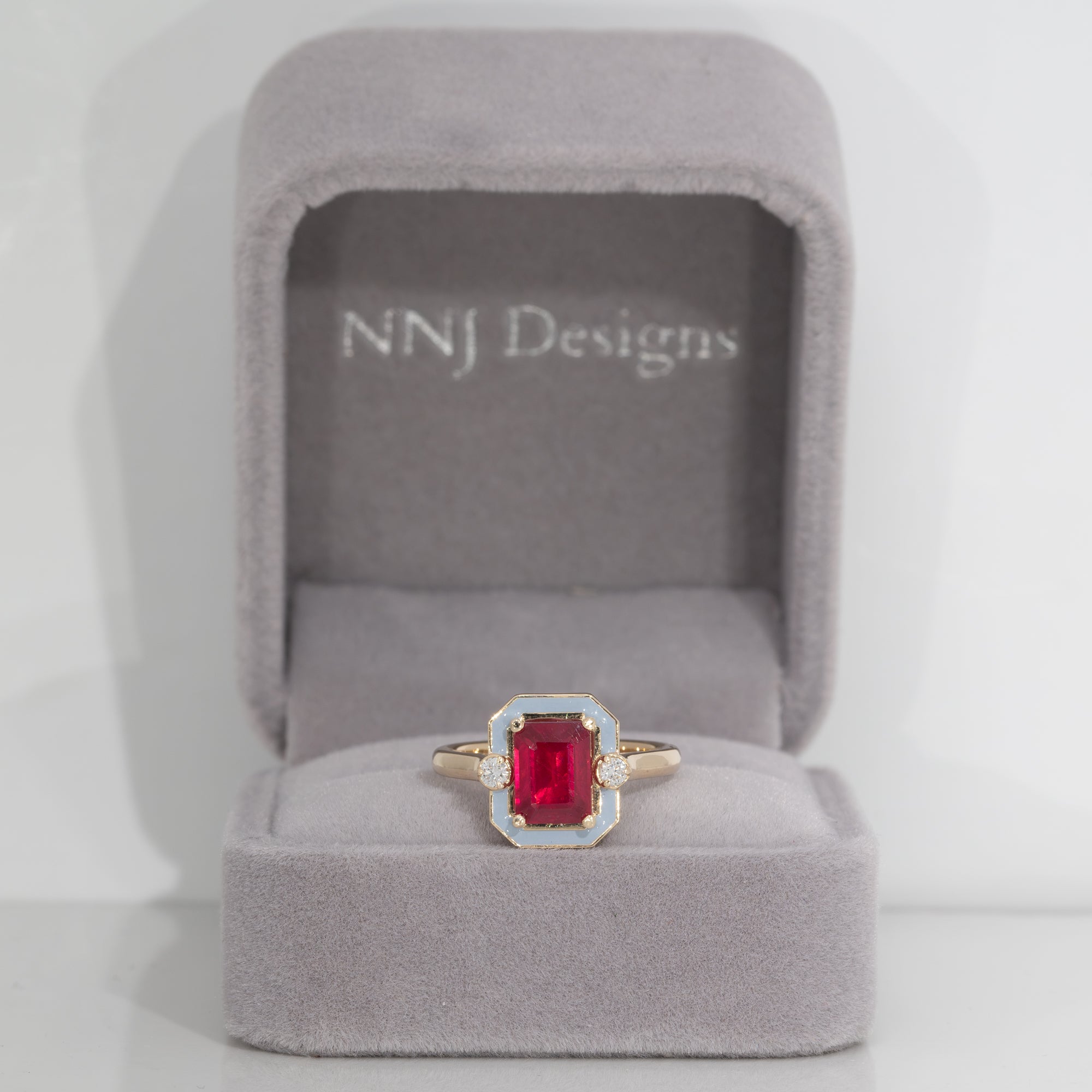 scarlet and gray ruby game day ring in 14K yellow gold