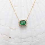 Emerald Pendant Necklace w Earth Mined Diamonds in Solid 14K Gold | Emerald Cut 7x5mm