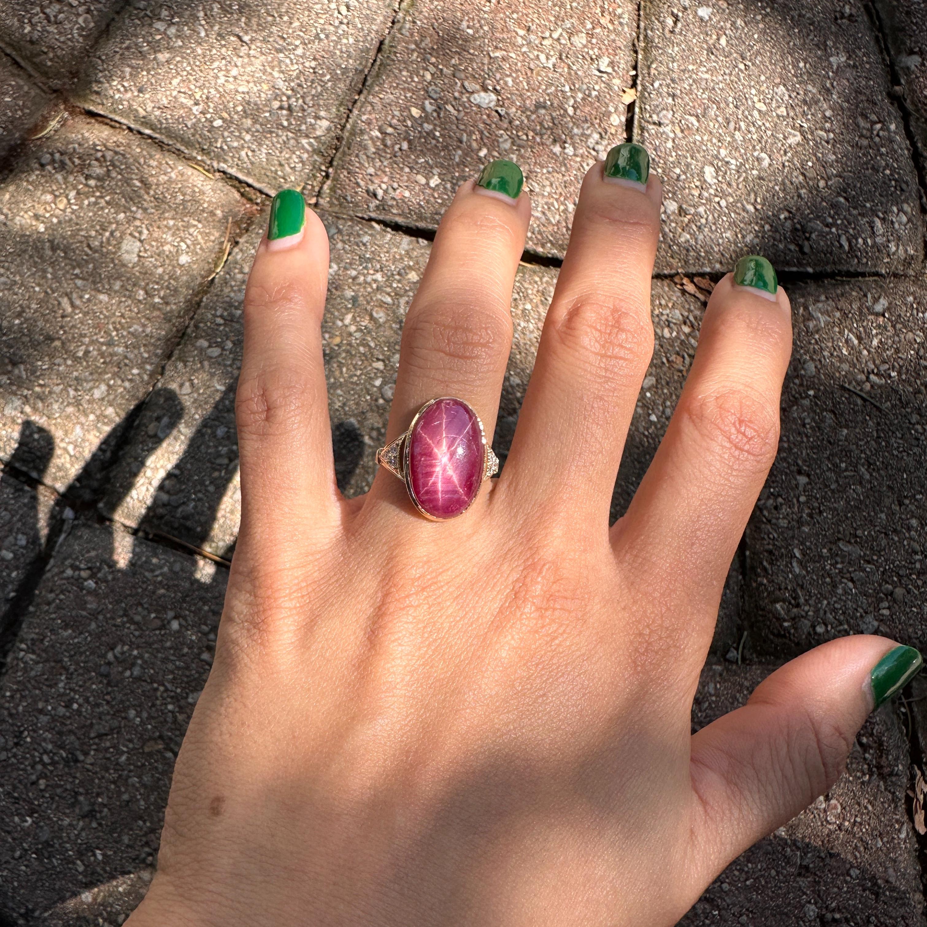 13.6ct Star Ruby Ring w Earth Mined Diamonds in Solid 14K Gold | Oval 19x12mm