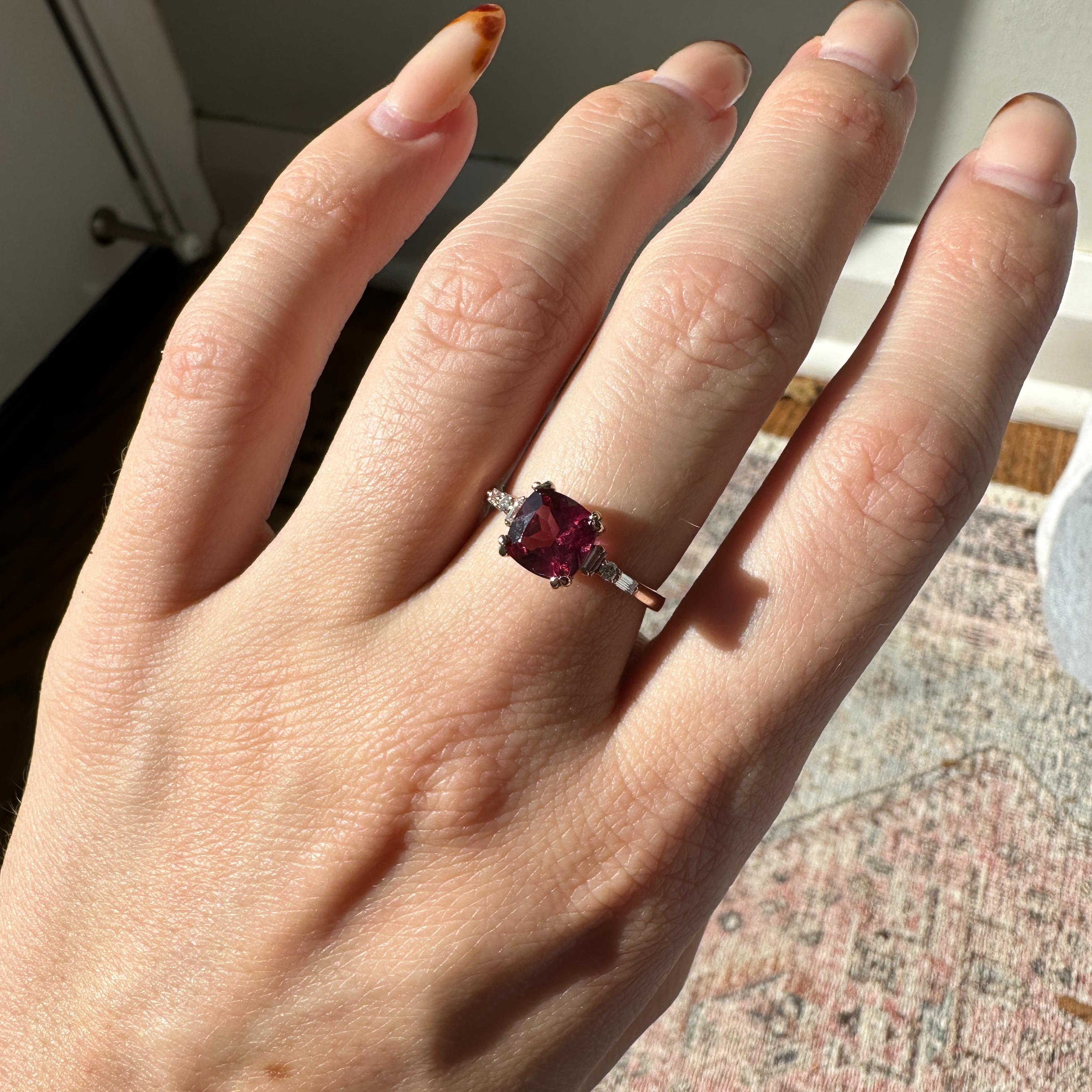 1.8ct Rhodolite Garnet Ring w Earth Mined Diamonds in Solid 14K Gold | CU 7x6mm