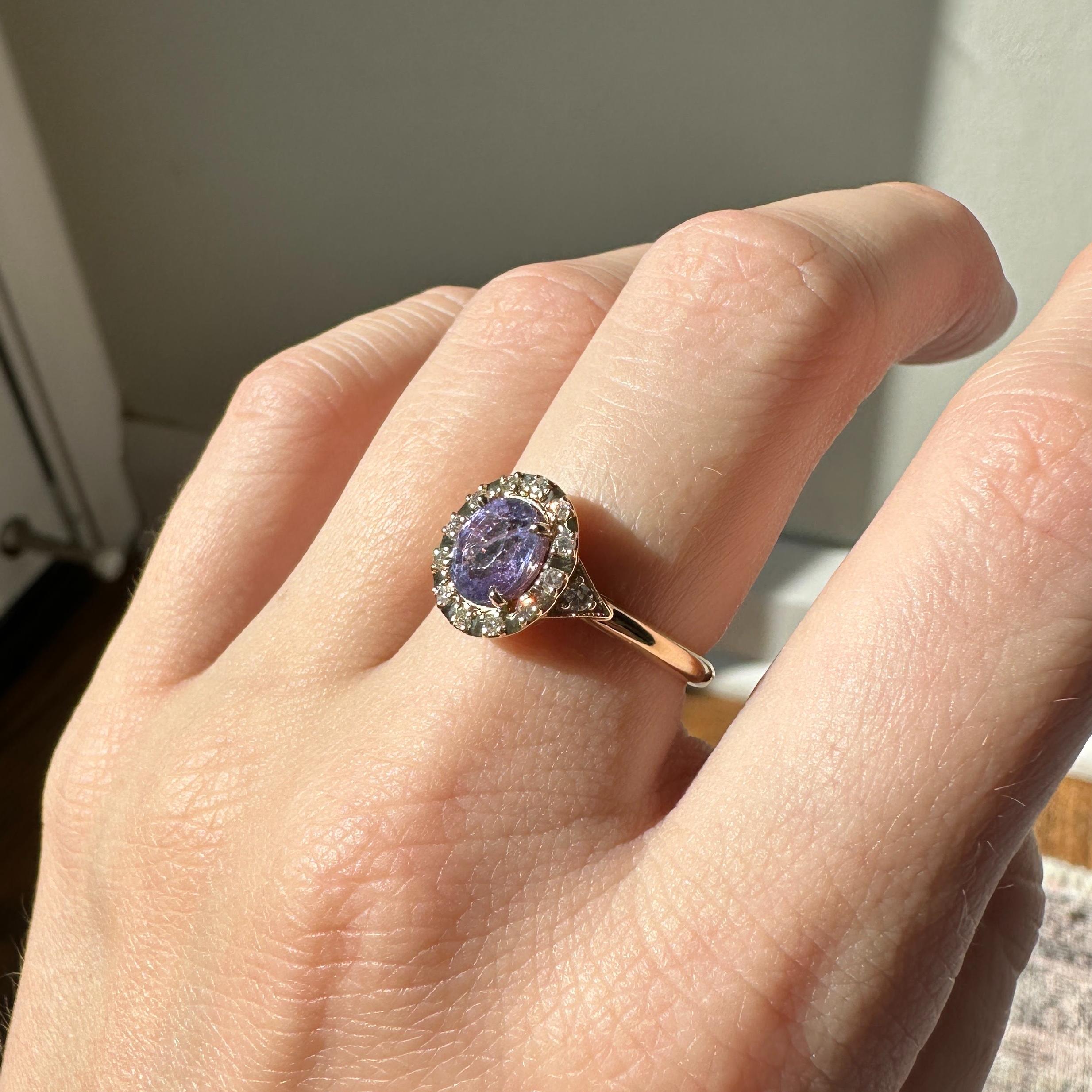 1.5ct Purple Sapphire Ring w Earth Mined Diamonds in Solid 14K Gold | Oval 7x6mm