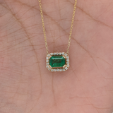 Emerald Pendant Necklace w Earth Mined Diamonds in Solid 14K Gold | Emerald Cut 7x5mm