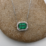 Emerald Pendant Necklace w Earth Mined Diamonds in Solid 14K Gold | Emerald Cut 7x5mm