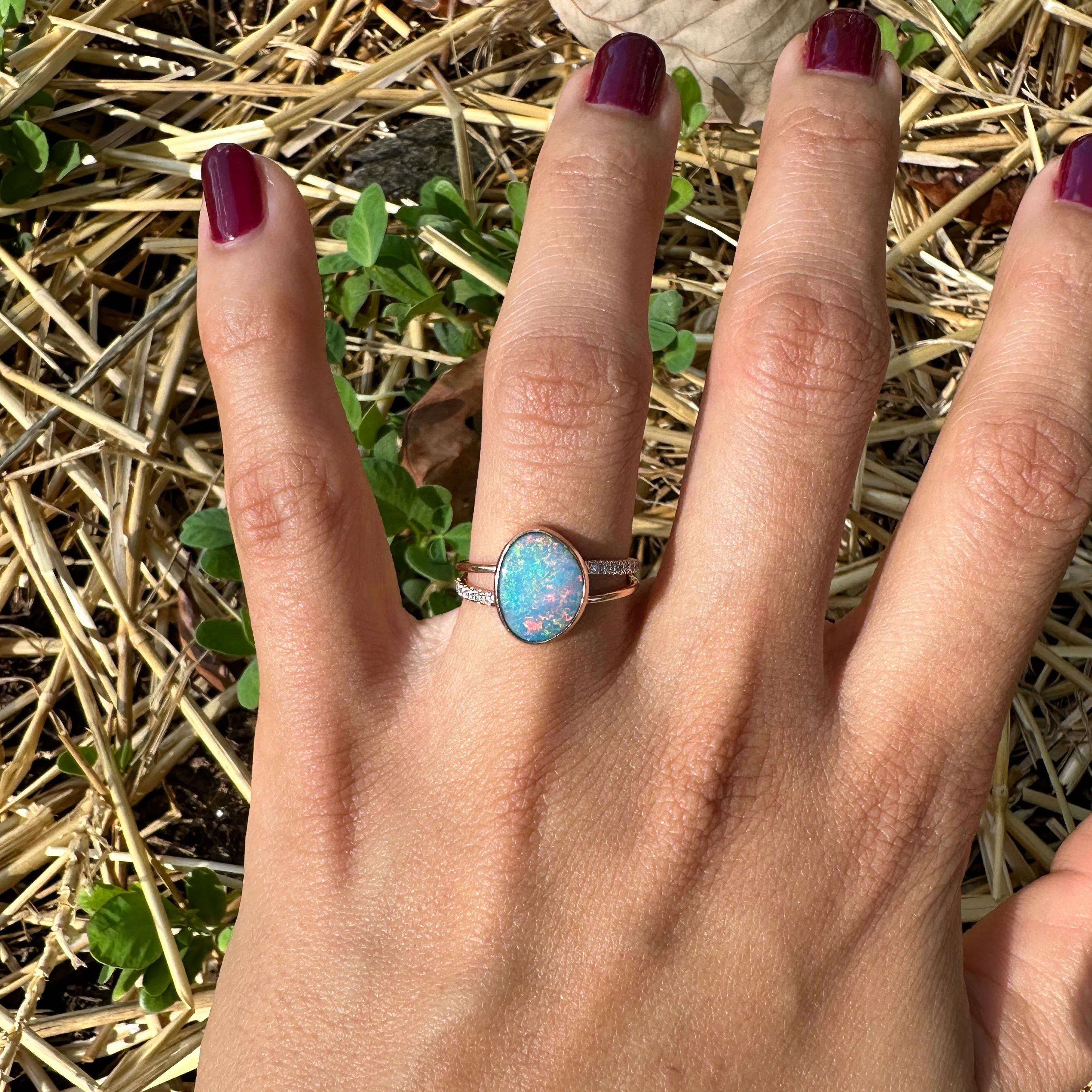 1.8ct Boulder Opal Ring w Earth Mined Diamonds in Solid 14K Gold | Fancy 11x9mm