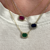 Emerald Pendant Necklace w Earth Mined Diamonds in Solid 14K Gold | Emerald Cut 7x5mm