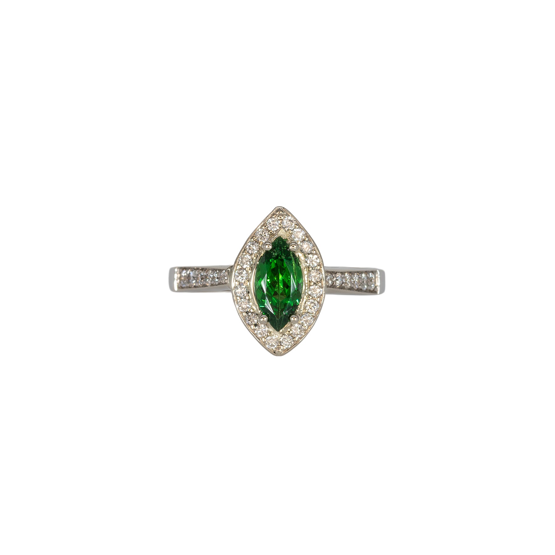 14K yellow gold marquise tsavorite garnet estate ring with diamond accents