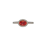 14K white gold padparadscha sapphire oval ring with diamond halo