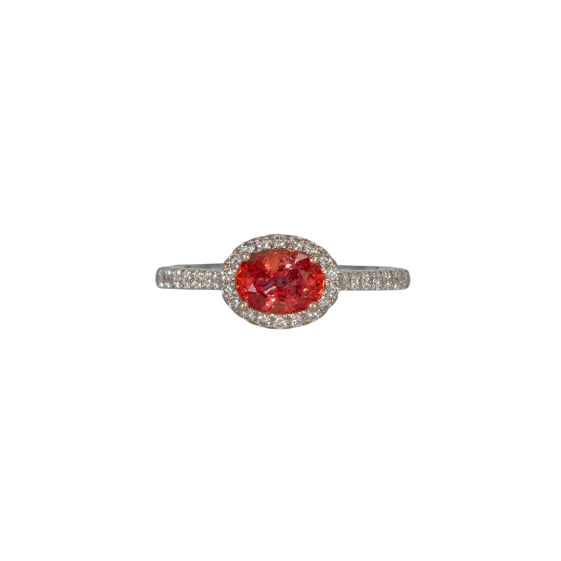 14K white gold padparadscha sapphire oval ring with diamond halo