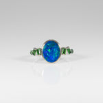 14K white gold boulder opal cabochon ring with tsavorite accents