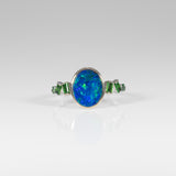14K white gold boulder opal cabochon ring with tsavorite accents