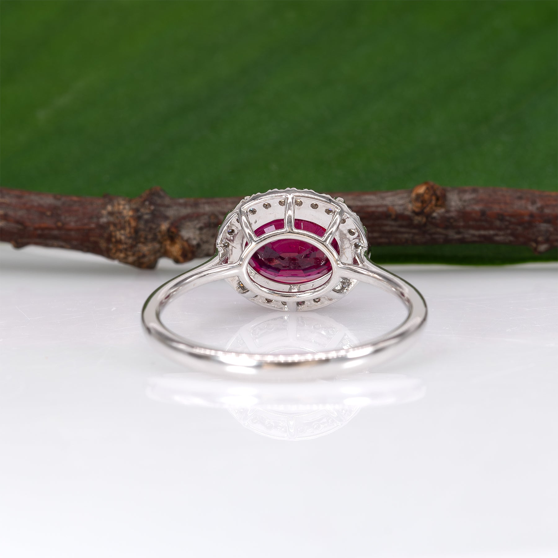 14K white gold Madagascar ruby ring with diamond accents