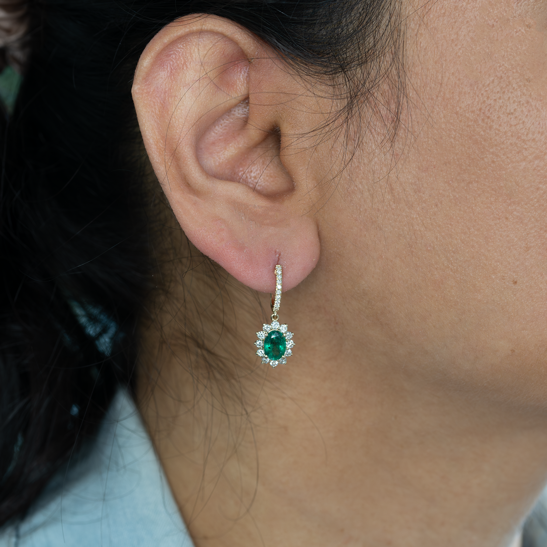 Emerald Stud Earrings in 14K Yellow Gold | Diamond Accents | Oval Cut | 7x5mm | May Birthstone