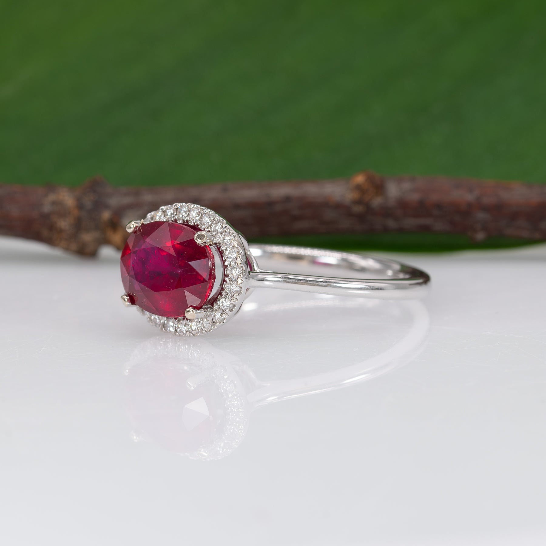 14K white gold Madagascar ruby ring with diamond accents