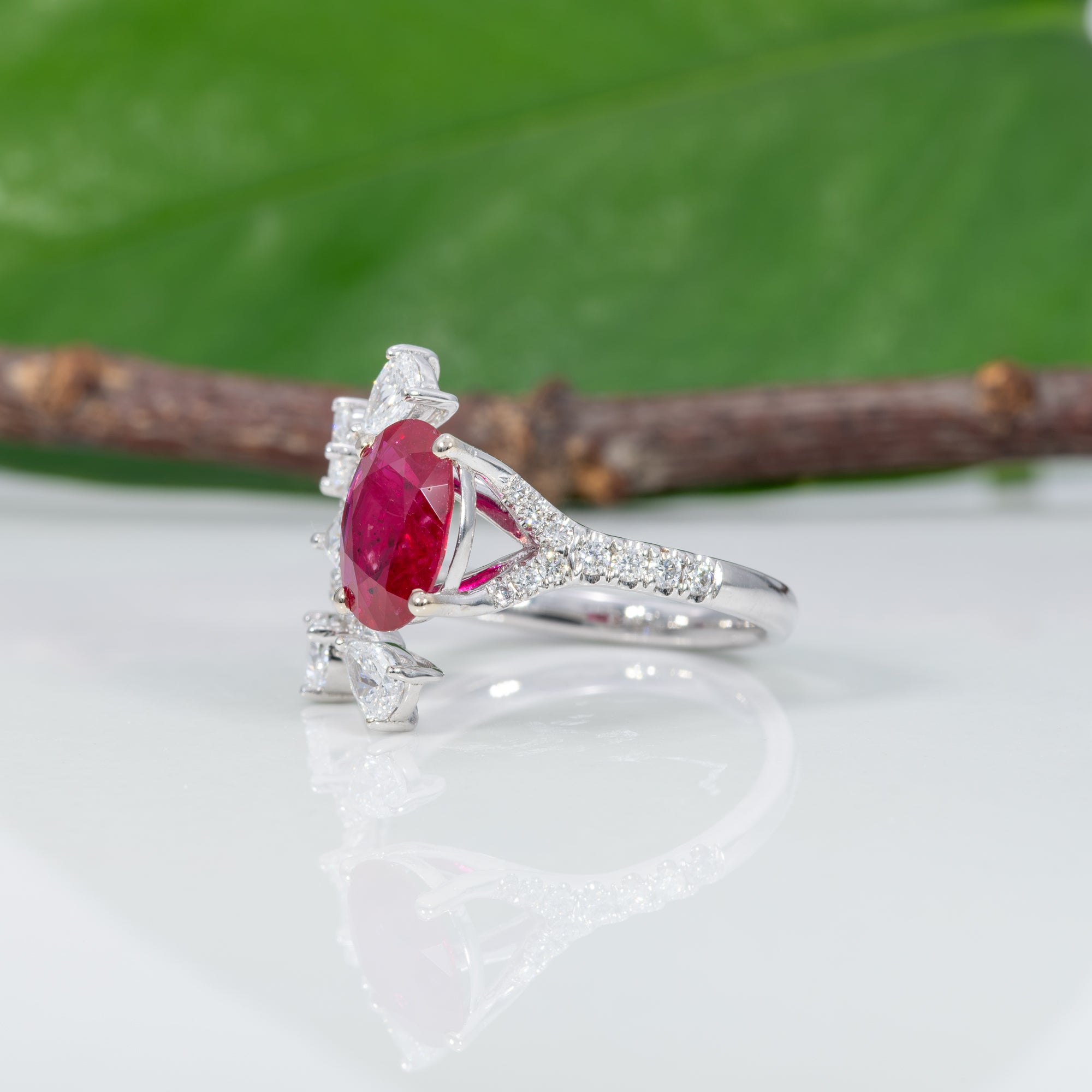 14K white gold mozambique ruby ring with diamond accents