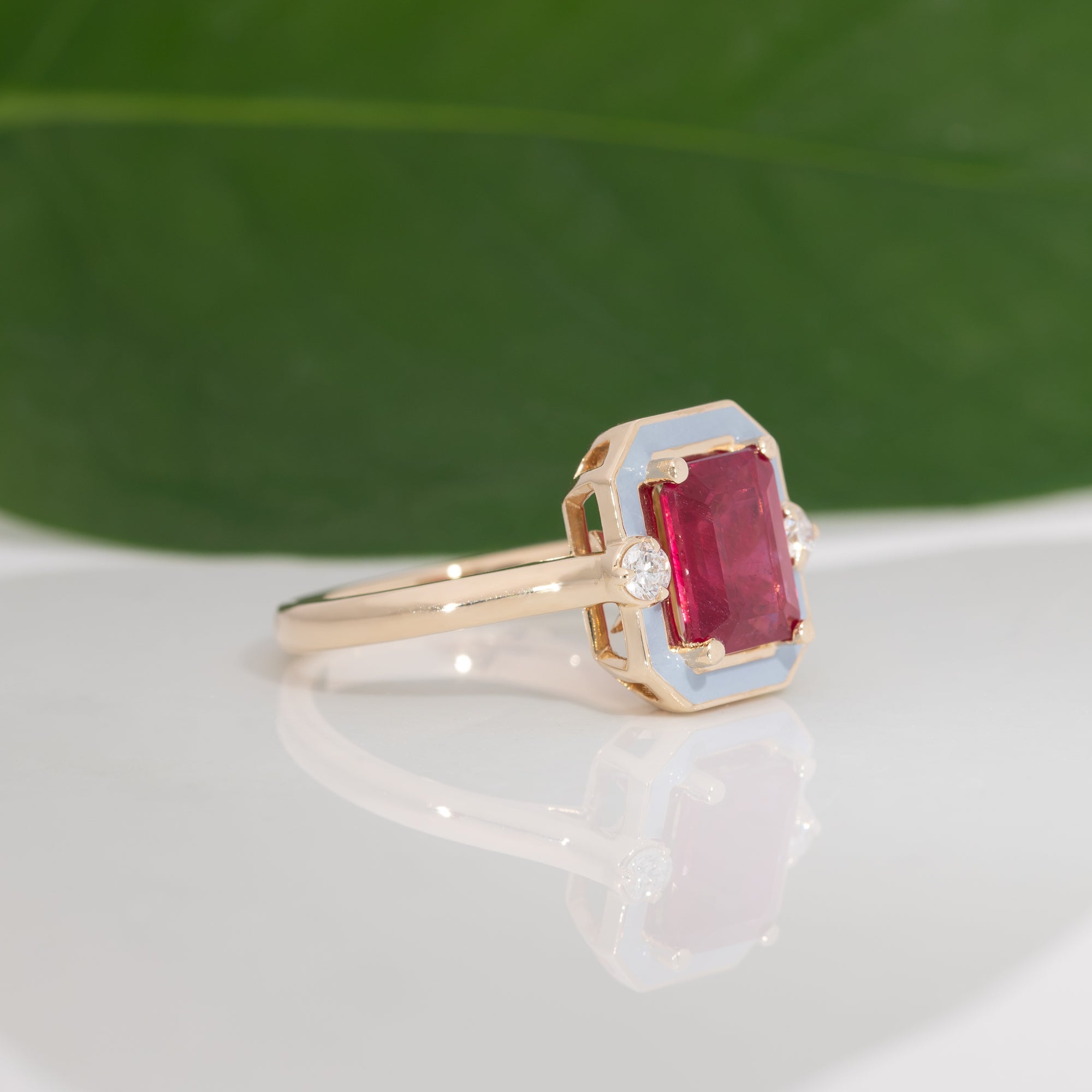 scarlet and gray ruby game day ring in 14K yellow gold