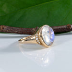14K yellow gold rainbow moonstone cabochon ring with diamonds