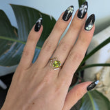 14K yellow gold sphene ring with diamond halo