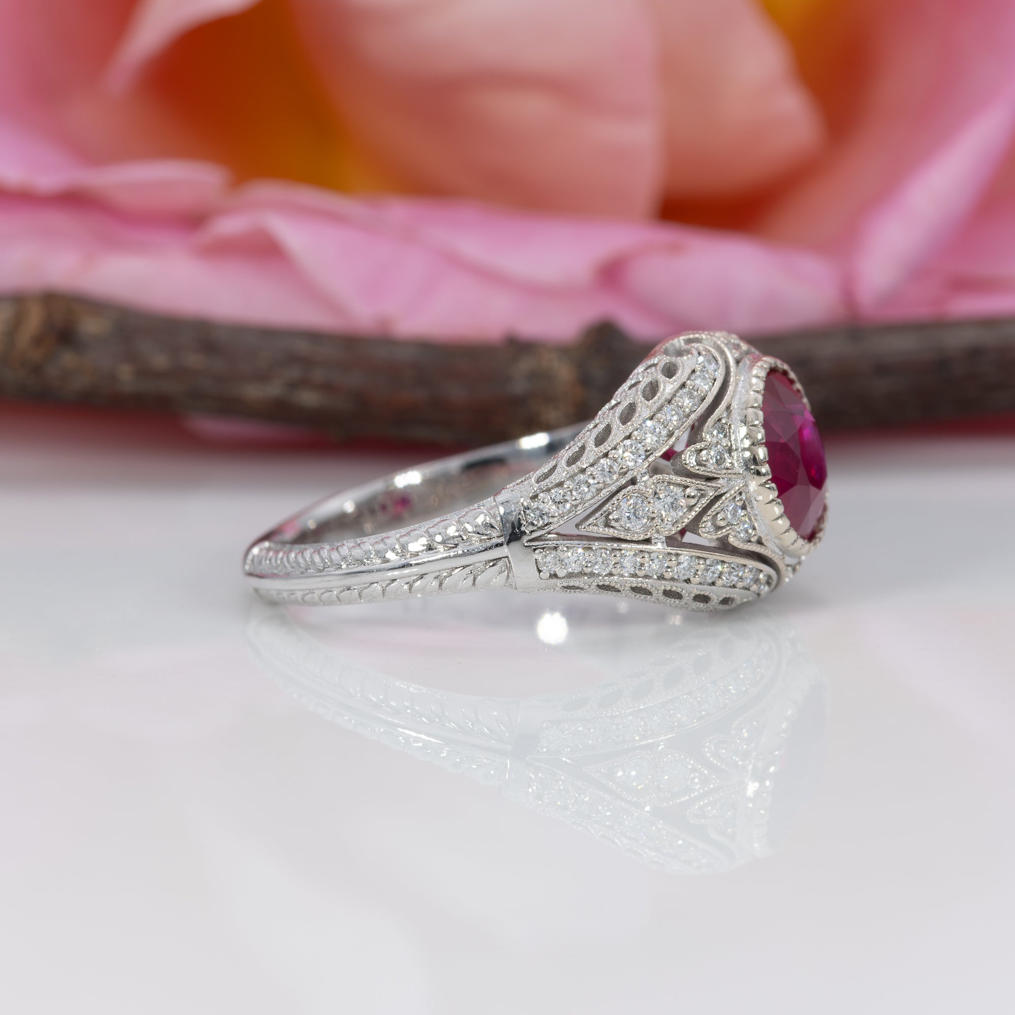 14K white gold burma ruby ring