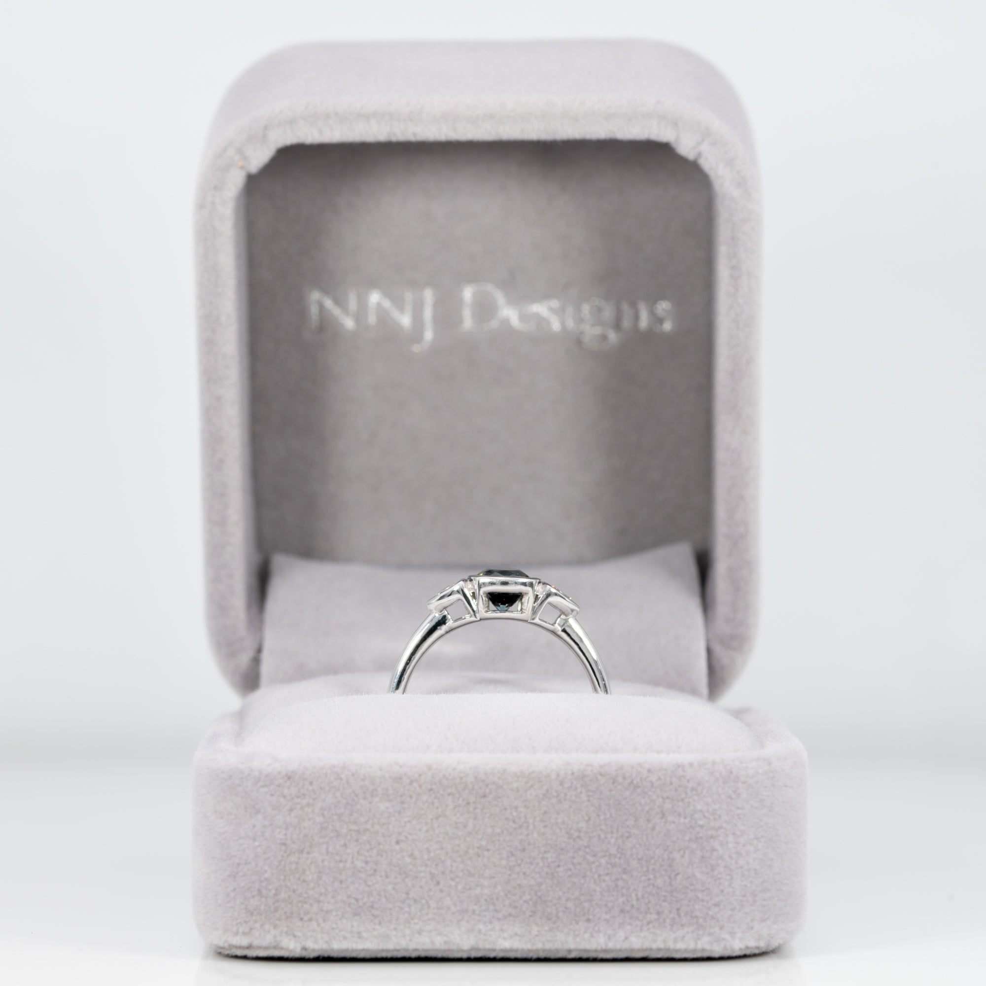 14K white gold blue spinel ring with diamond accents