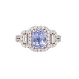 Cinderella Solid 14k White Gold Cornflower Blue Sapphire Ring with Natural Diamond Accents | Emerald cut, 8x7mm