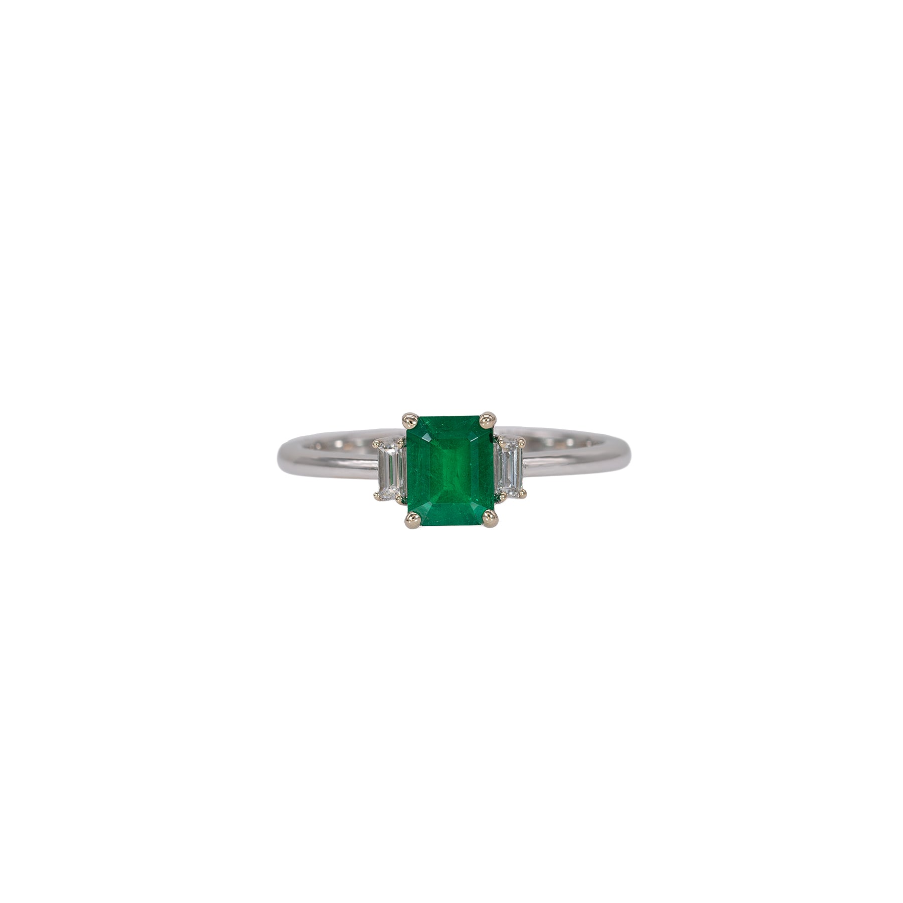 14K white gold Colombian emerald ring with diamond accents