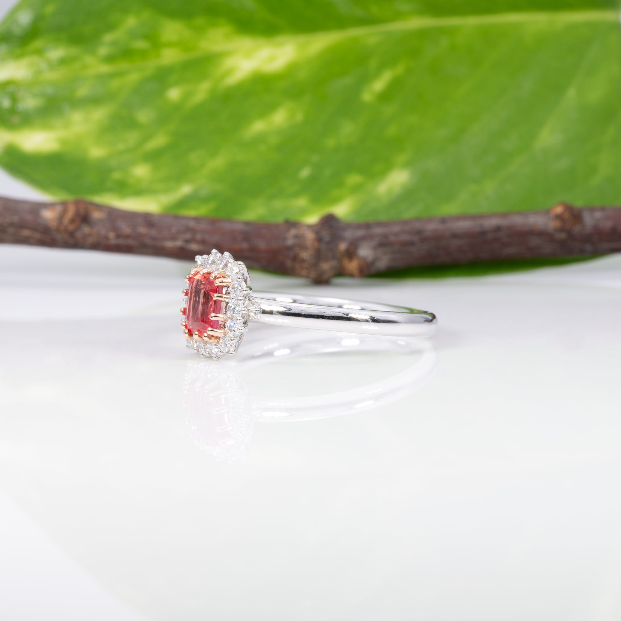 14K white & rose gold padparadscha sapphire ring with diamond accents