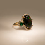 3.8Ct Ethiopian Black Opal Ring with Earth Mined Diamonds & Tsavorite Accents in Solid 14K Gold – Oval Black Opal Fine Jewelry Ring