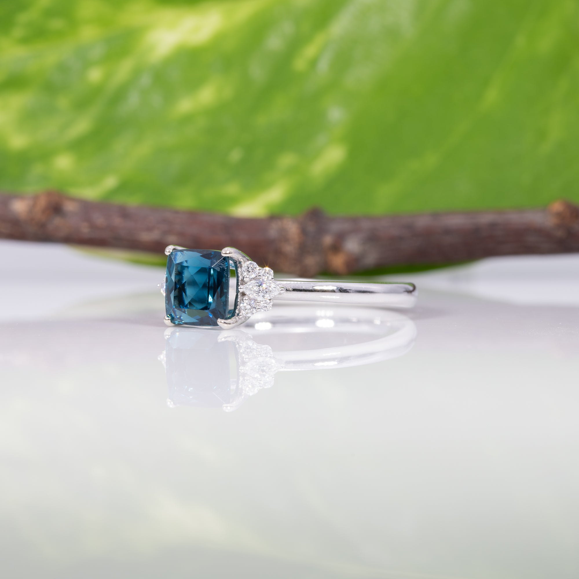 14K white gold indicolite tourmaline ring with diamond accents