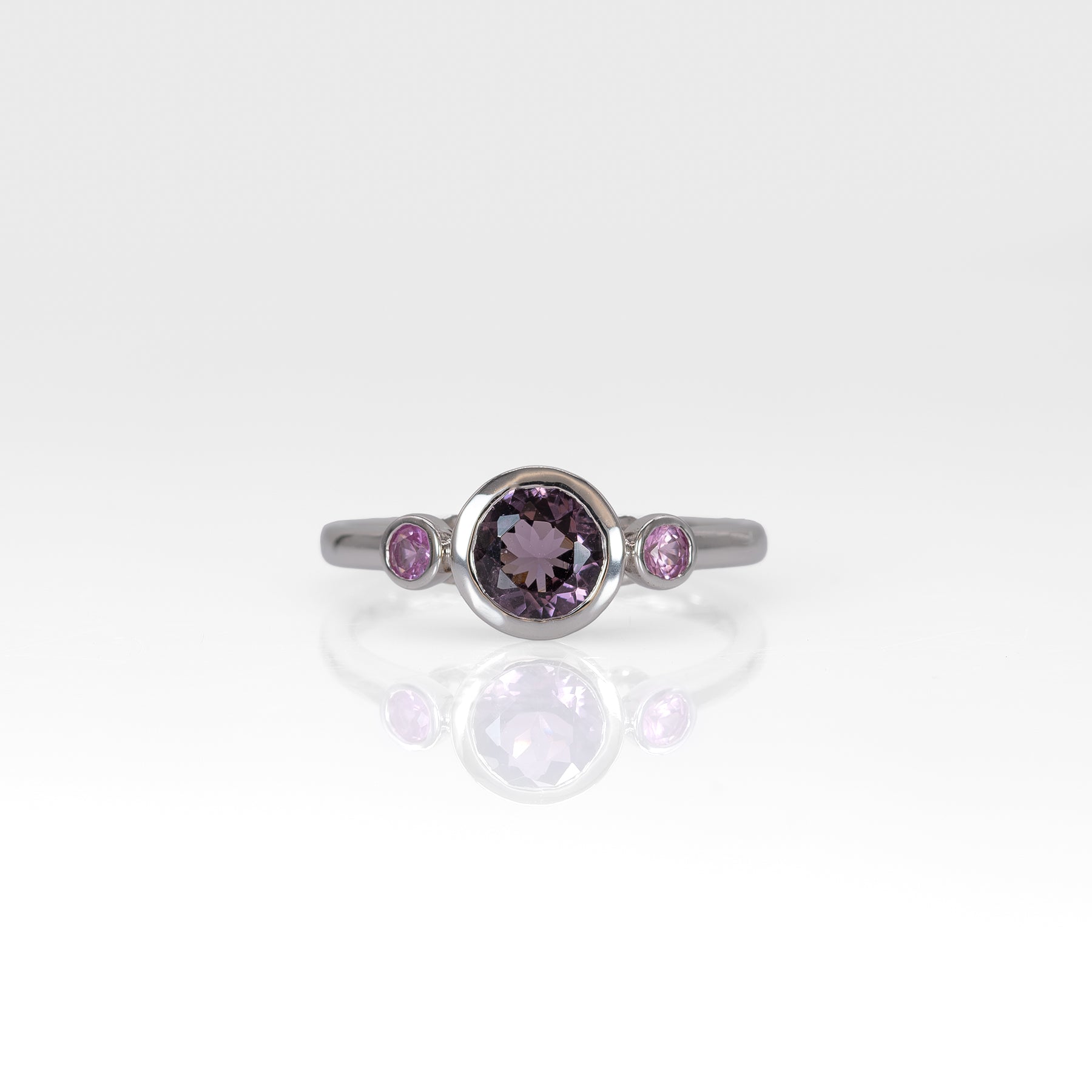 14K white gold purple spinel ring with purple sapphire accents