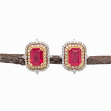 3ct Ruby Earrings w Natural Diamond Halo in 14K Dual Yellow and White Gold