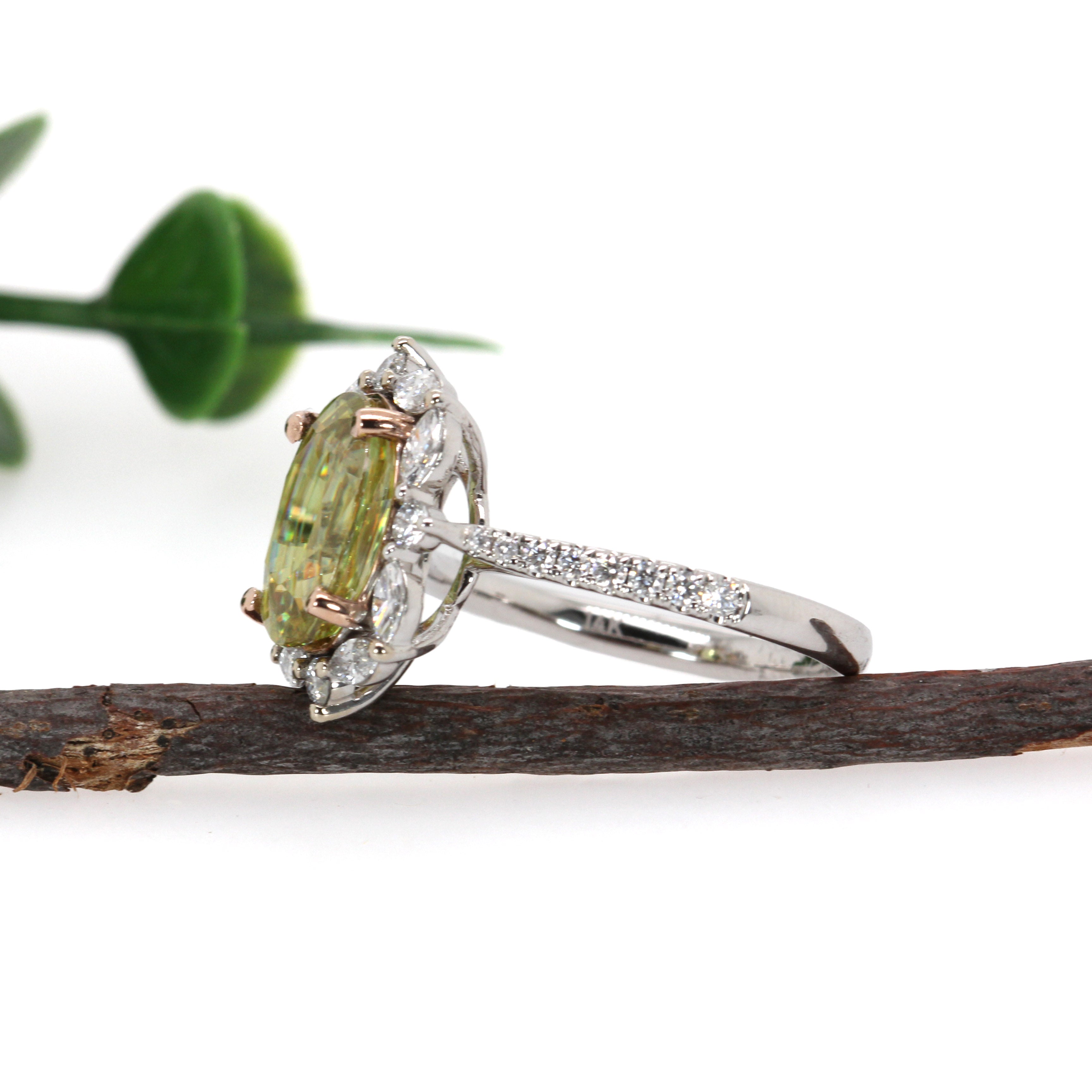 Elise 14K Dual White Rose Gold 3.29cts Sphene Diamond Ring | Oval 11X9mm