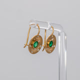 14K yellow gold matte Zambian emerald stud earrings with diamond accents