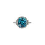 14K white gold Cambodian blue zircon cushion ring with diamond halo
