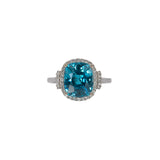 14K white gold Cambodian blue zircon cushion ring with diamond halo