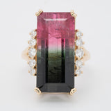 15.1Ct Bi-Color Tourmaline Ring with Earth Mined Diamond Accents: Solid 14K Gold