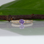 14K yellow gold purple sapphire round ring with diamond halo